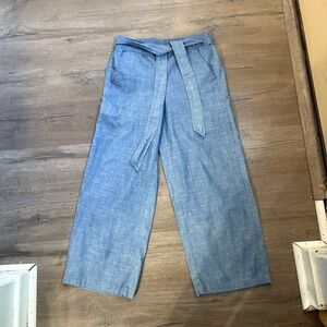 J.Crew Chambray Wide Leg Pants Blue Linen Look Tie Waist High Rise Size 2